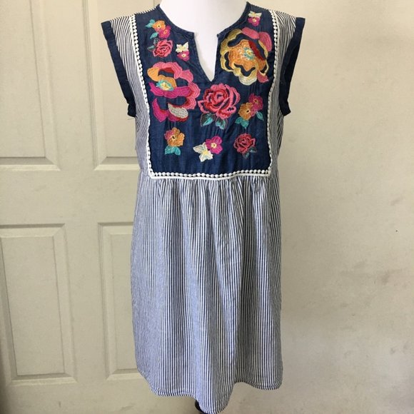 Savanna Jane Women’s Boho Floral Stripes Summer Shift Mini Dress Size Small - Picture 2 of 13